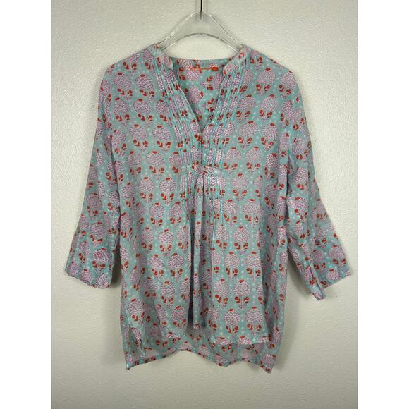 Oliphant Block Print 3/4 Sleeve Top Blue Sz Large - Picture 2 of 7